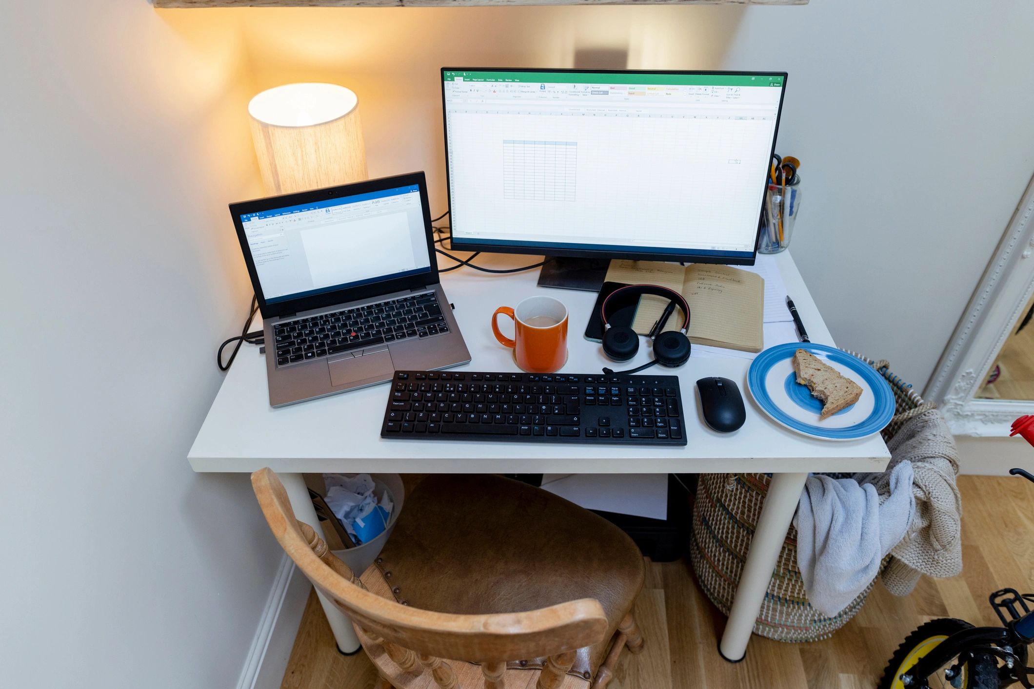 Game development desk with dual monitors