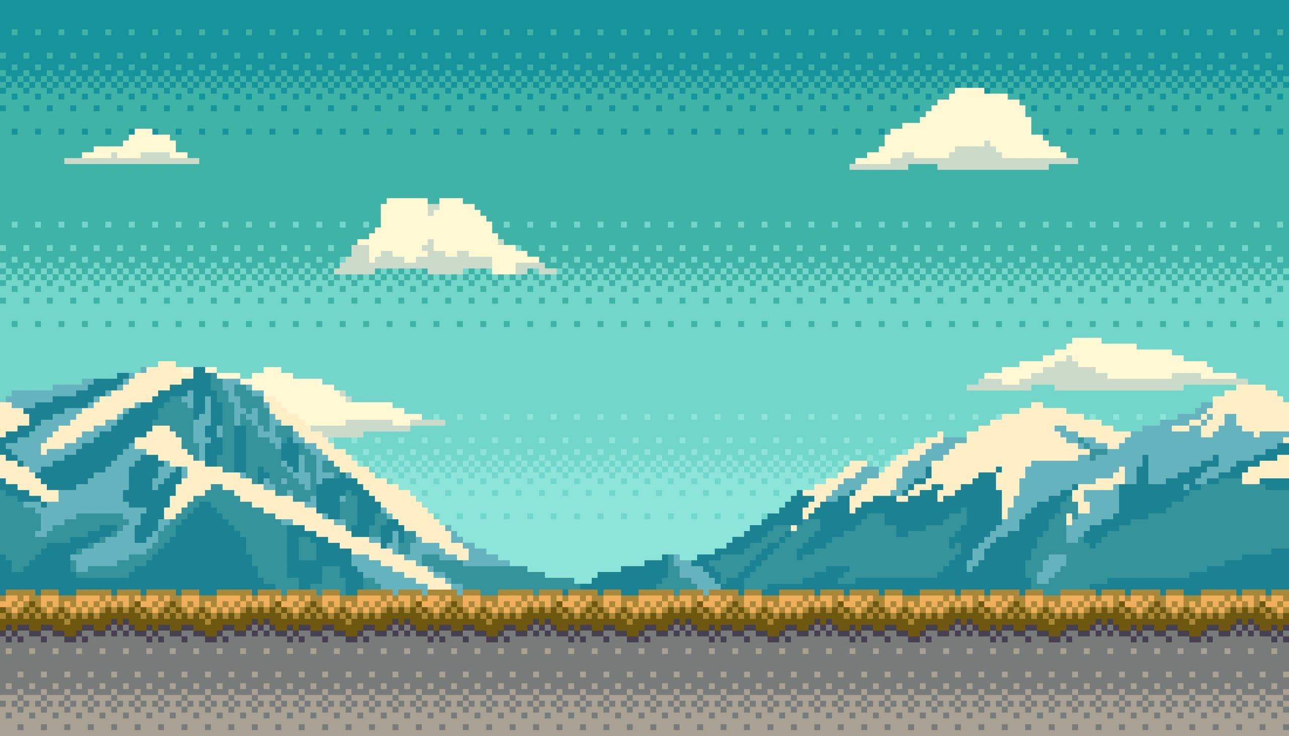 Retro pixel landscape representing minigames and experiments