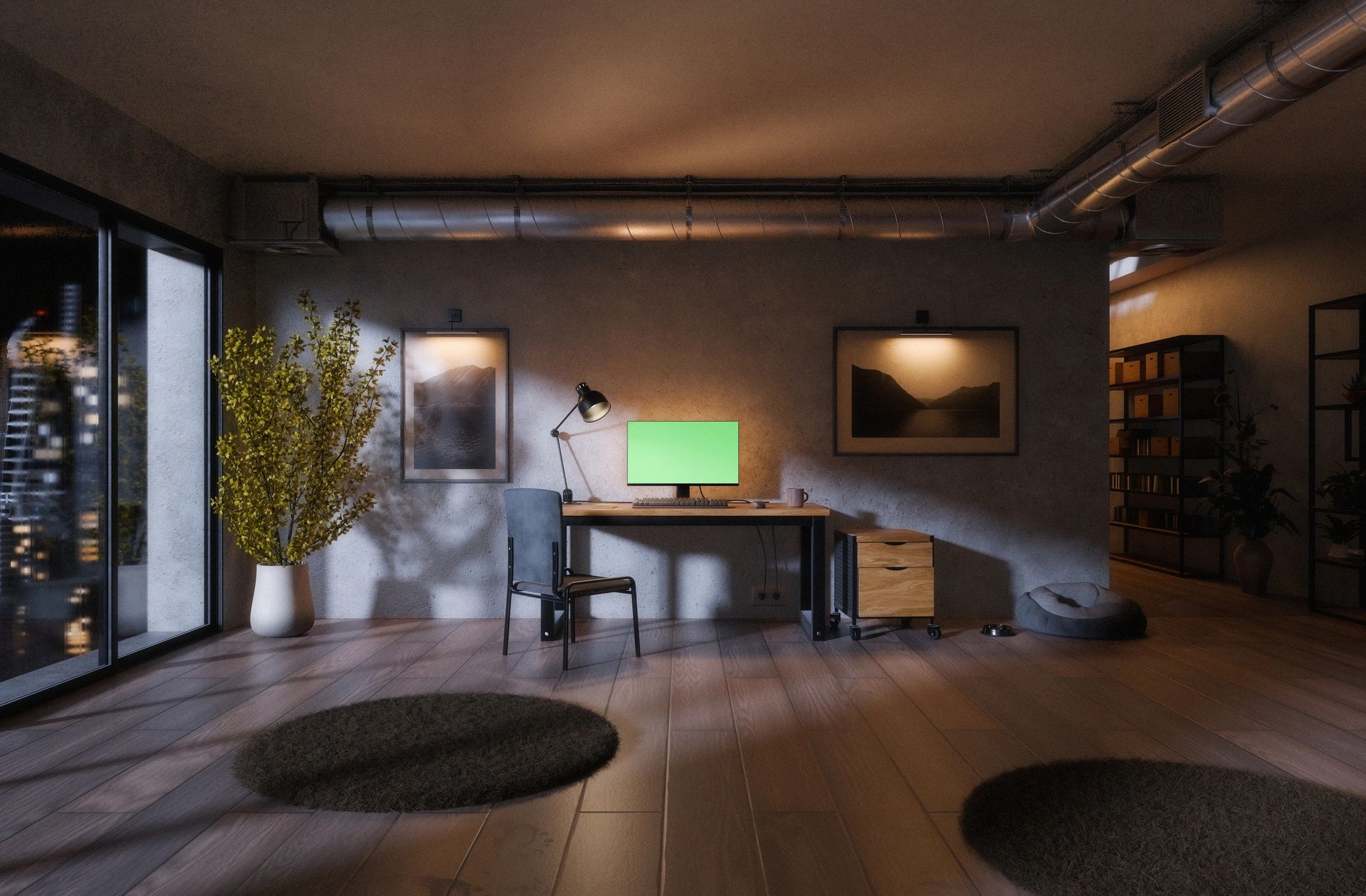Bright indie game workspace with monitor and creative desk